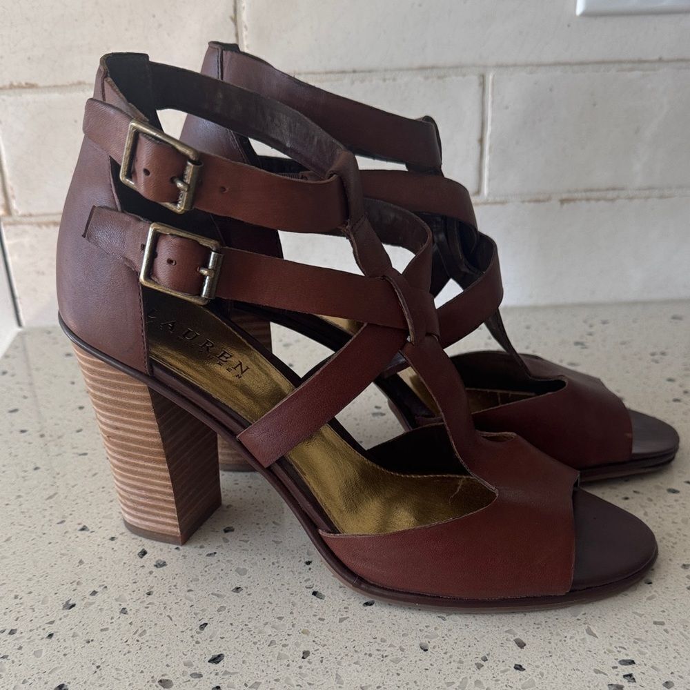 Lauren Ralph Lauren Octavia Brown Strappy Block Heel Sandals Open Toe Size 10